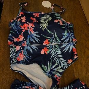 Girls Floral 3 Piece Swimsuit Bikini Top Bottoms & Skirt Cover Up Bathing Suit
